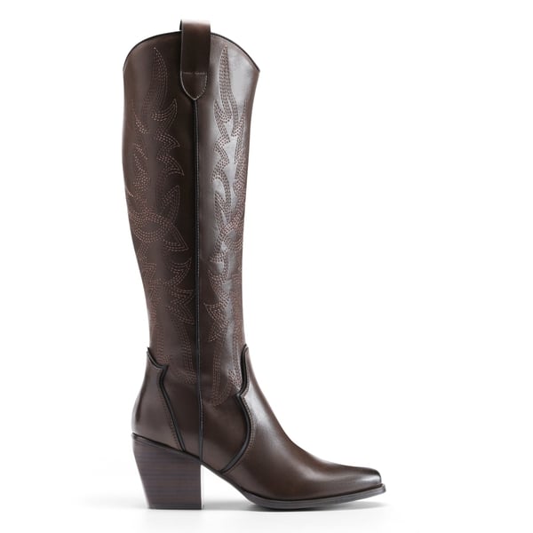 Dallas Embroidered Western Cowboy Knee High Boots - BROWN PU - 2